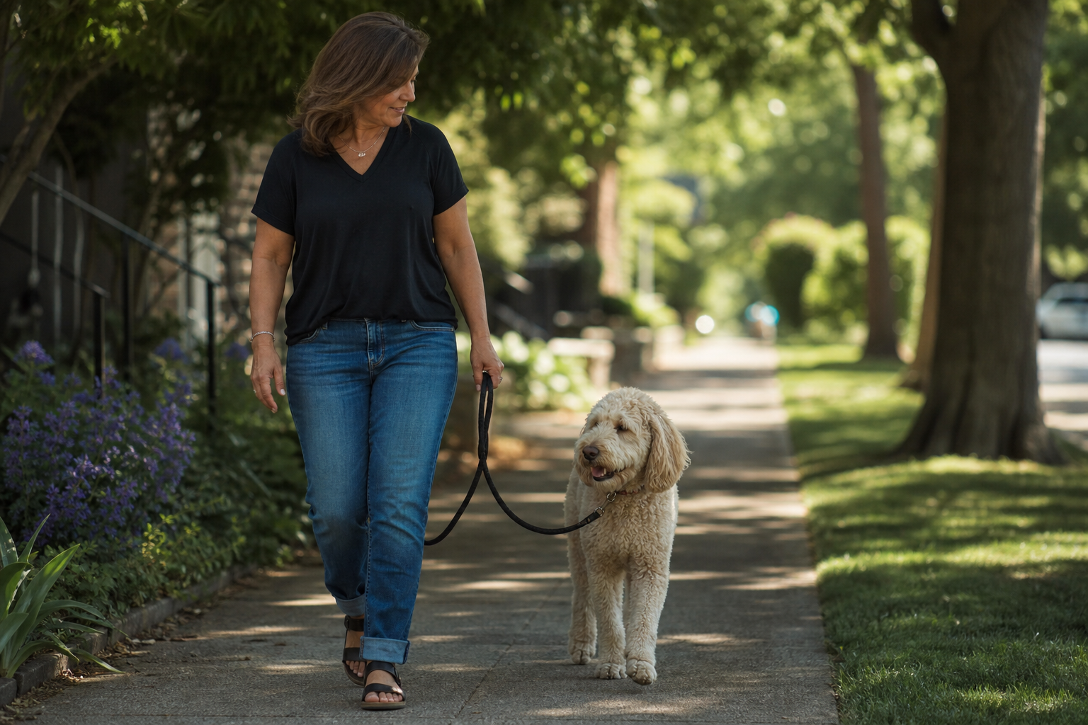 Dog walking calmly on a loose leash